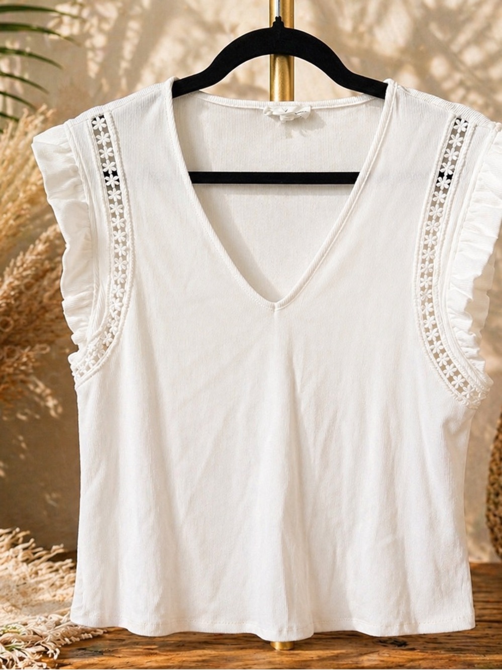 Women’s White Sleeveless V-Neck Top with Eyelet Detail